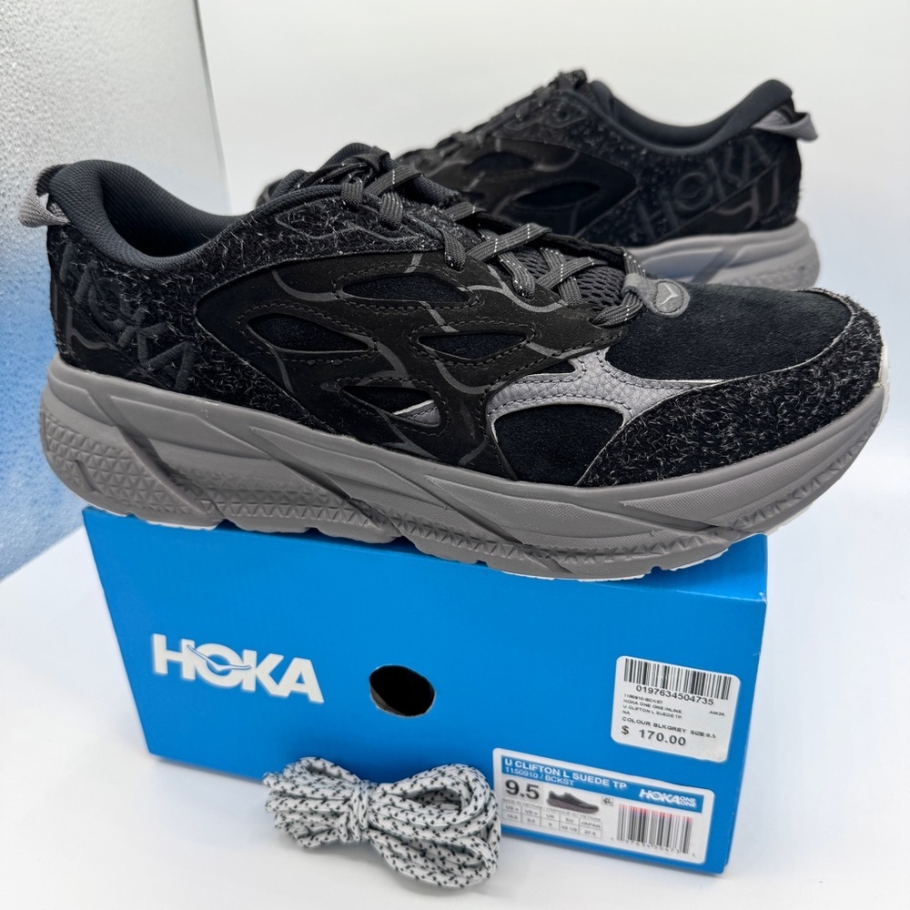 NWT Hoka Clifton Elite Terrain System L Suede Leather All Black Unisex Sneakers